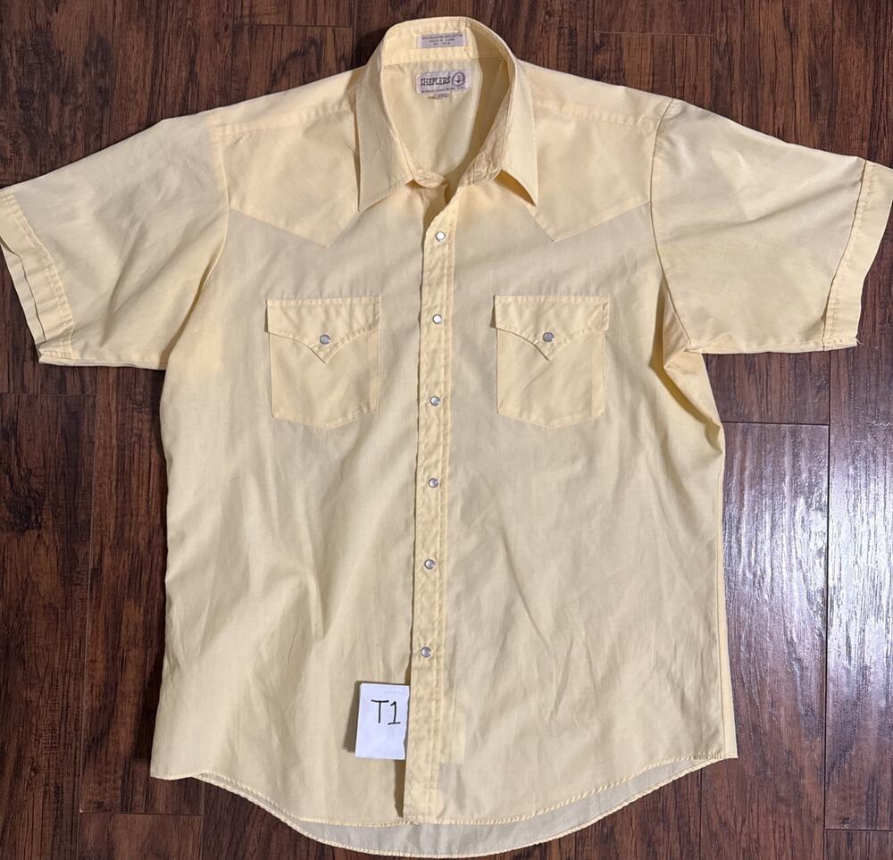 Vintage Sheplers Western Shirt Men's 16.5 Short Sleeve Yellow Pearl Snap